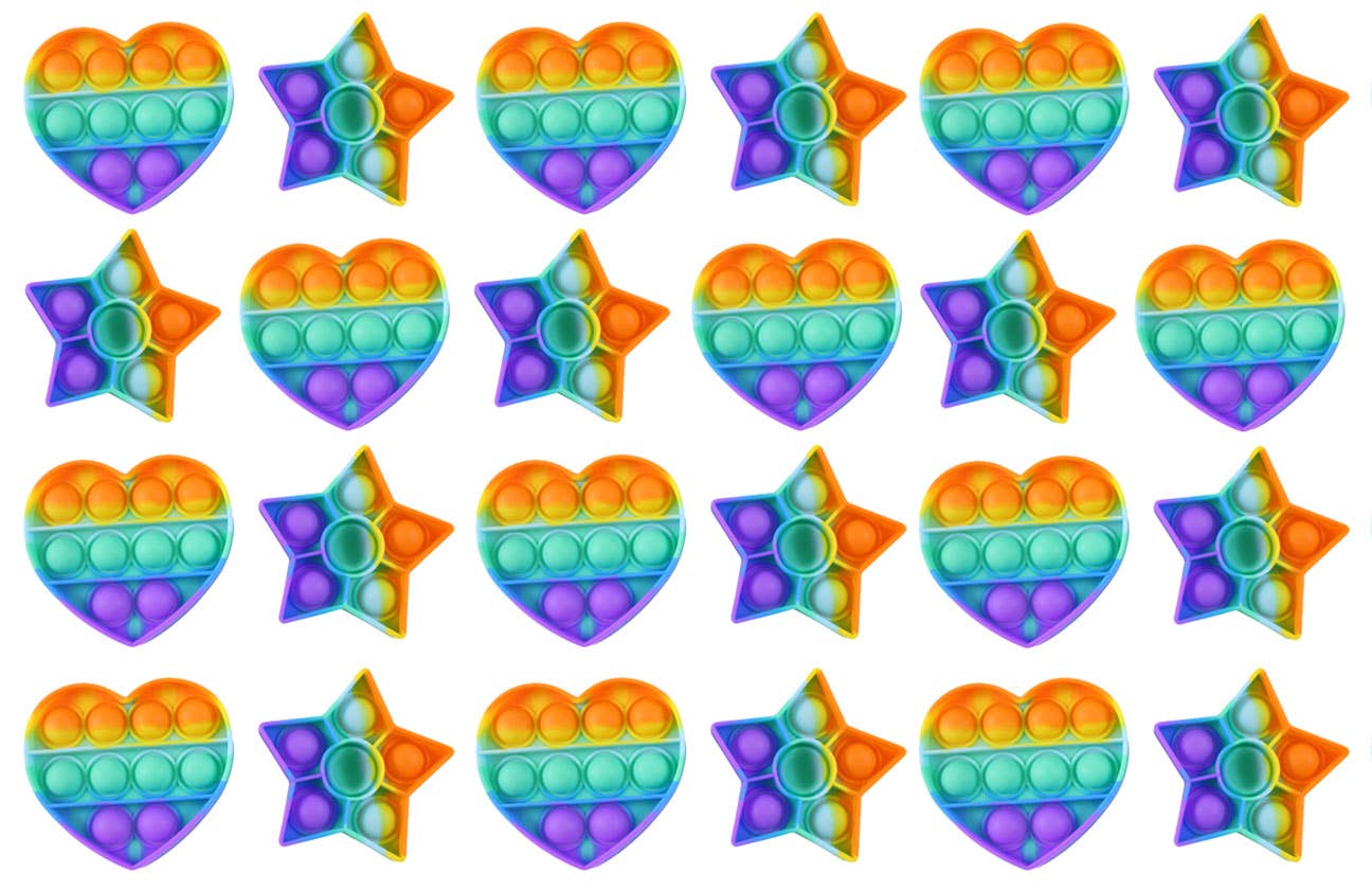 Rainbow Mini 3" Heart and Star Shapes Bubble Pop Fidget Toy: Set of 12 Random Shapes (1 Dozen)